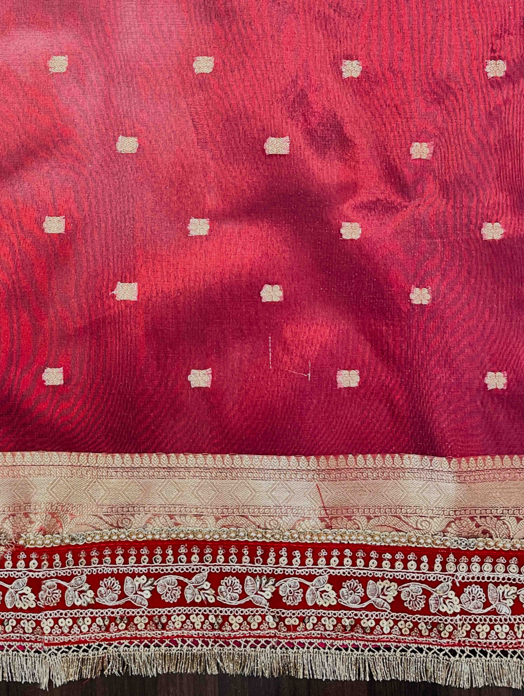 Banarasi Tissue Silk off white Saree with red Lace Border
