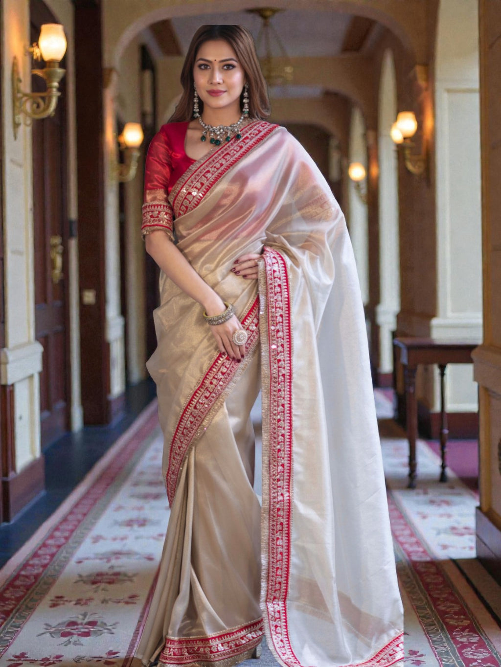 Banarasi Tissue Silk off white Saree with red Lace Border