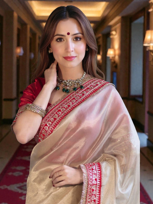 Banarasi Tissue Silk off white Saree with red Lace Border