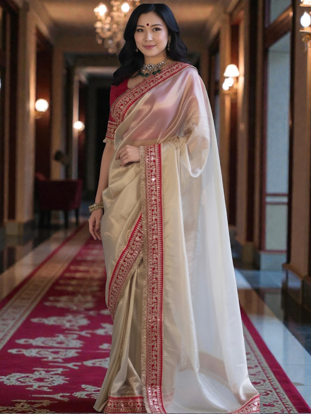 Banarasi Tissue Silk off white Saree with red Lace Border