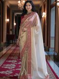 Banarasi Tissue Silk off white Saree with red Lace Border