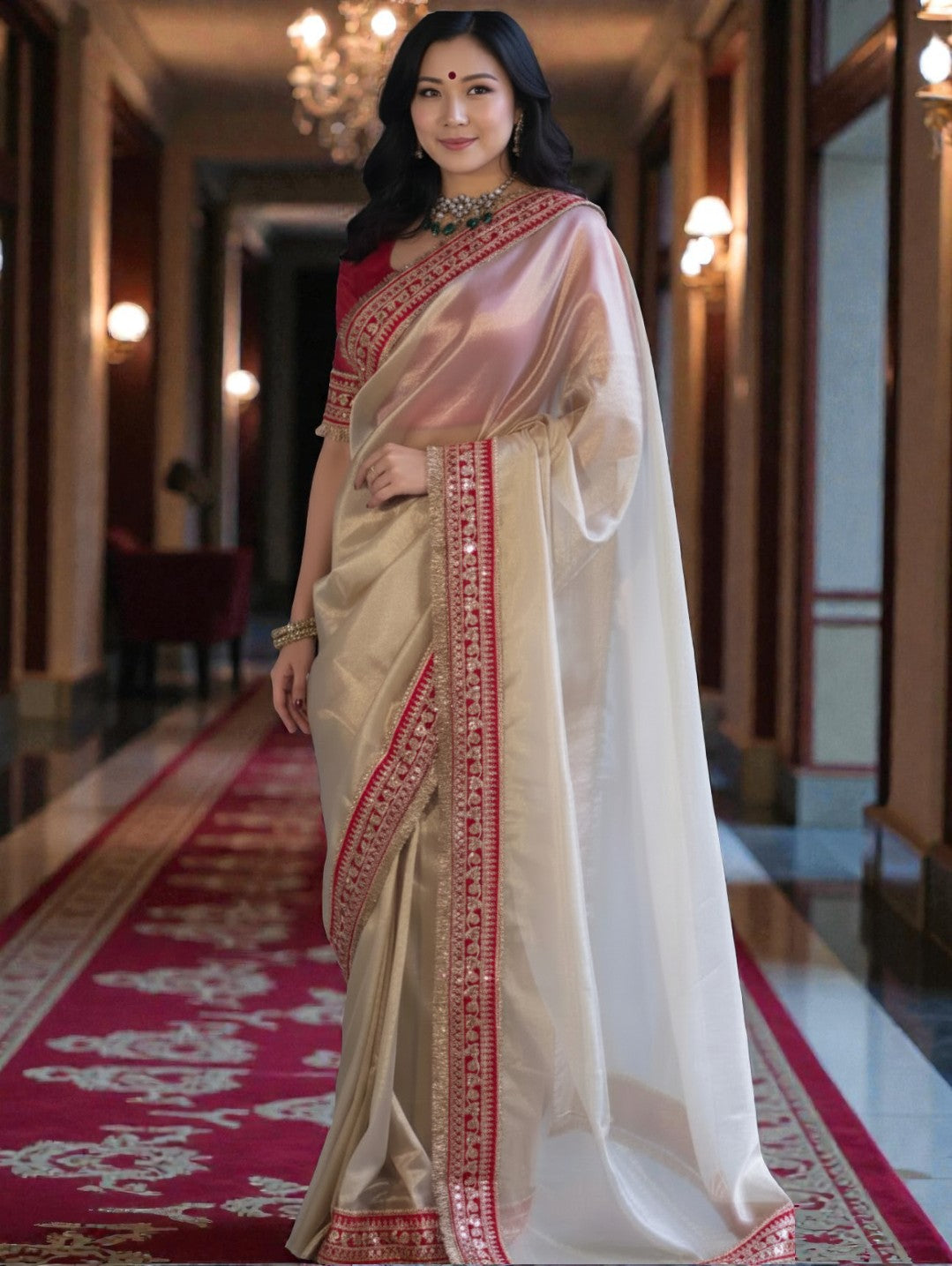 Banarasi Tissue Silk off white Saree with red Lace Border