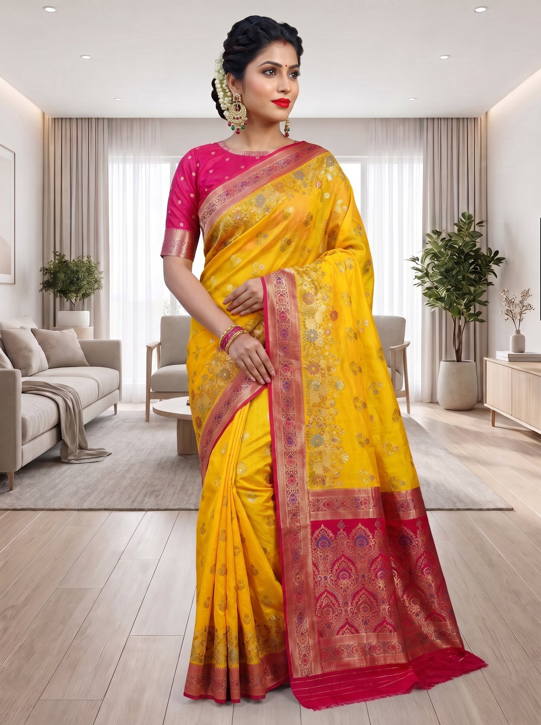Premium Katan Pashmina Banarasi Saree in Yellow with Rani Pink Contrast Border & Rich Zari Woven Pallu | Festive & Wedding Wear
