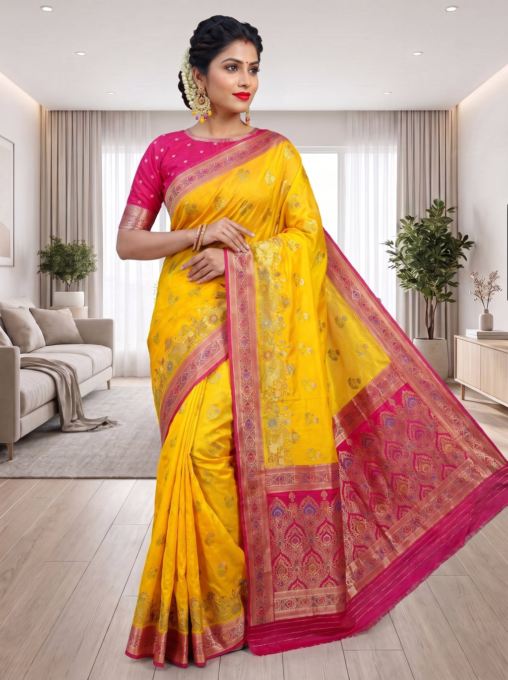 Premium Katan Pashmina Banarasi Saree in Yellow with Rani Pink Contrast Border & Rich Zari Woven Pallu | Festive & Wedding Wear