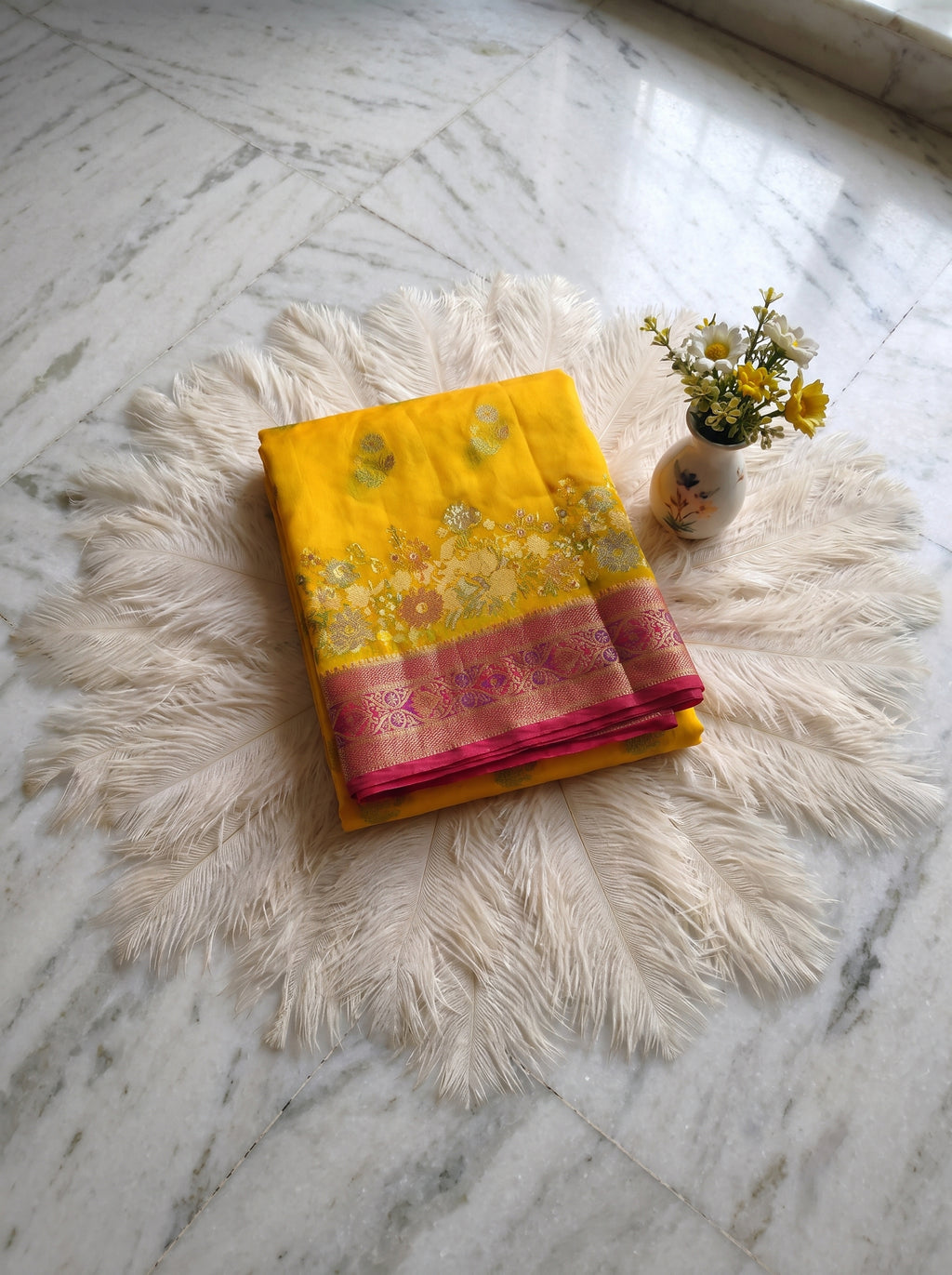 Premium Katan Pashmina Banarasi Saree in Yellow with Rani Pink Contrast Border & Rich Zari Woven Pallu | Festive & Wedding Wear