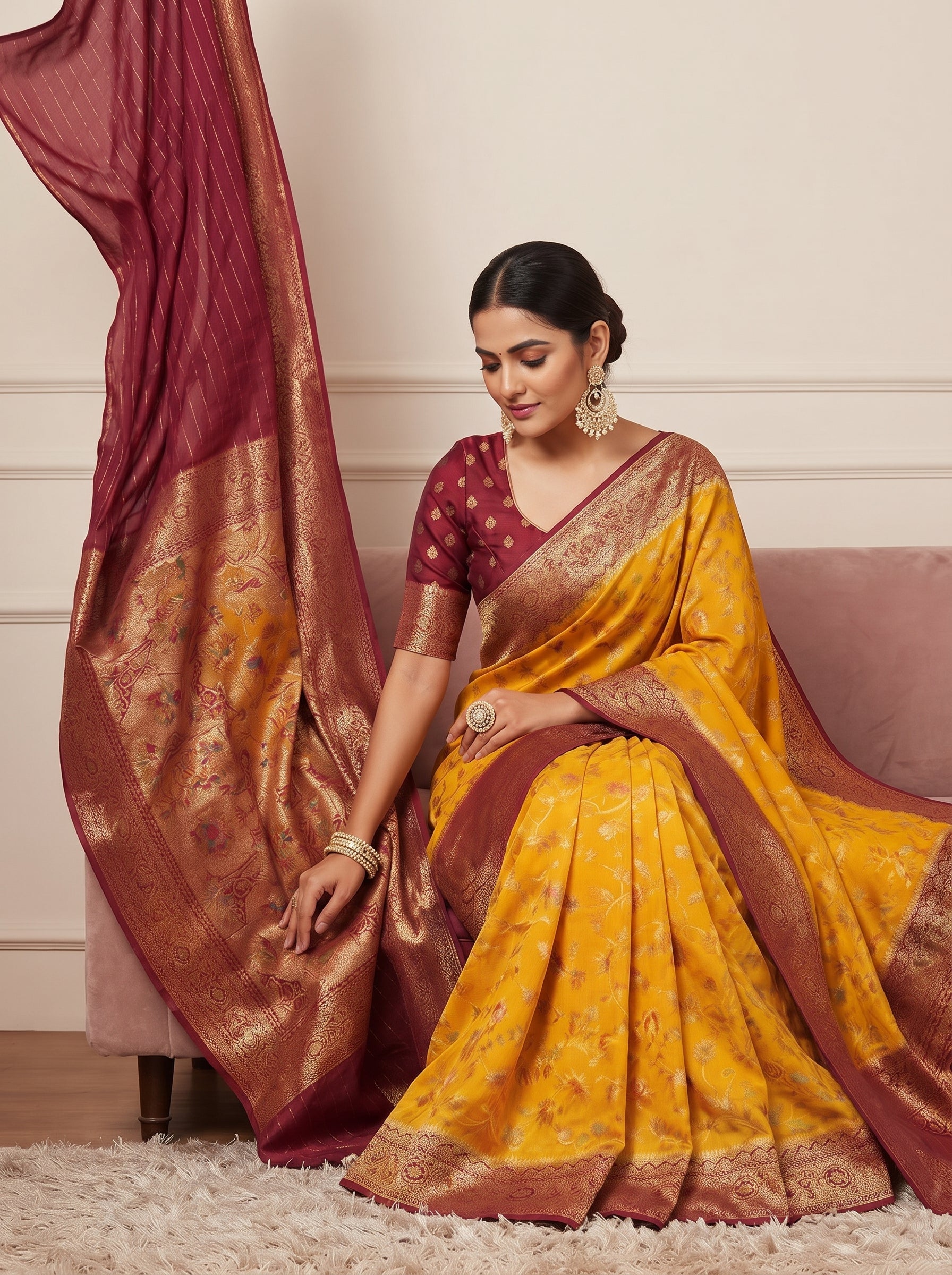 Mustard Yellow Semi Katan Pashmina Banarasi Saree with Contrast Magenta Pink Zari Border