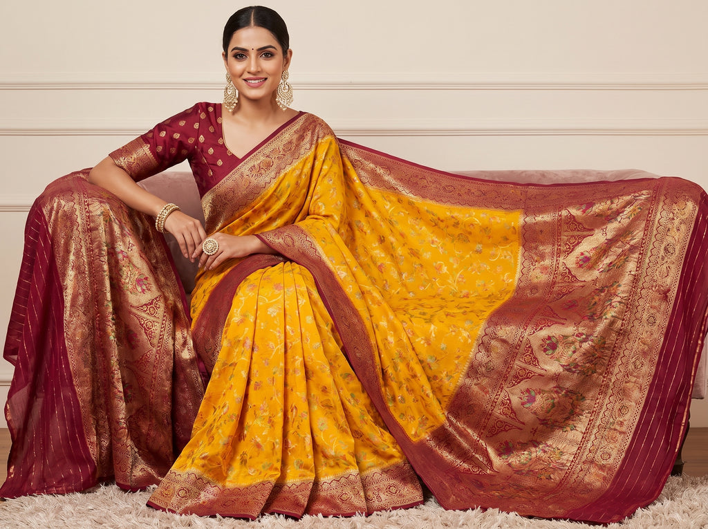 Mustard Yellow Semi Katan Pashmina Banarasi Saree with Contrast Magenta Pink Zari Border