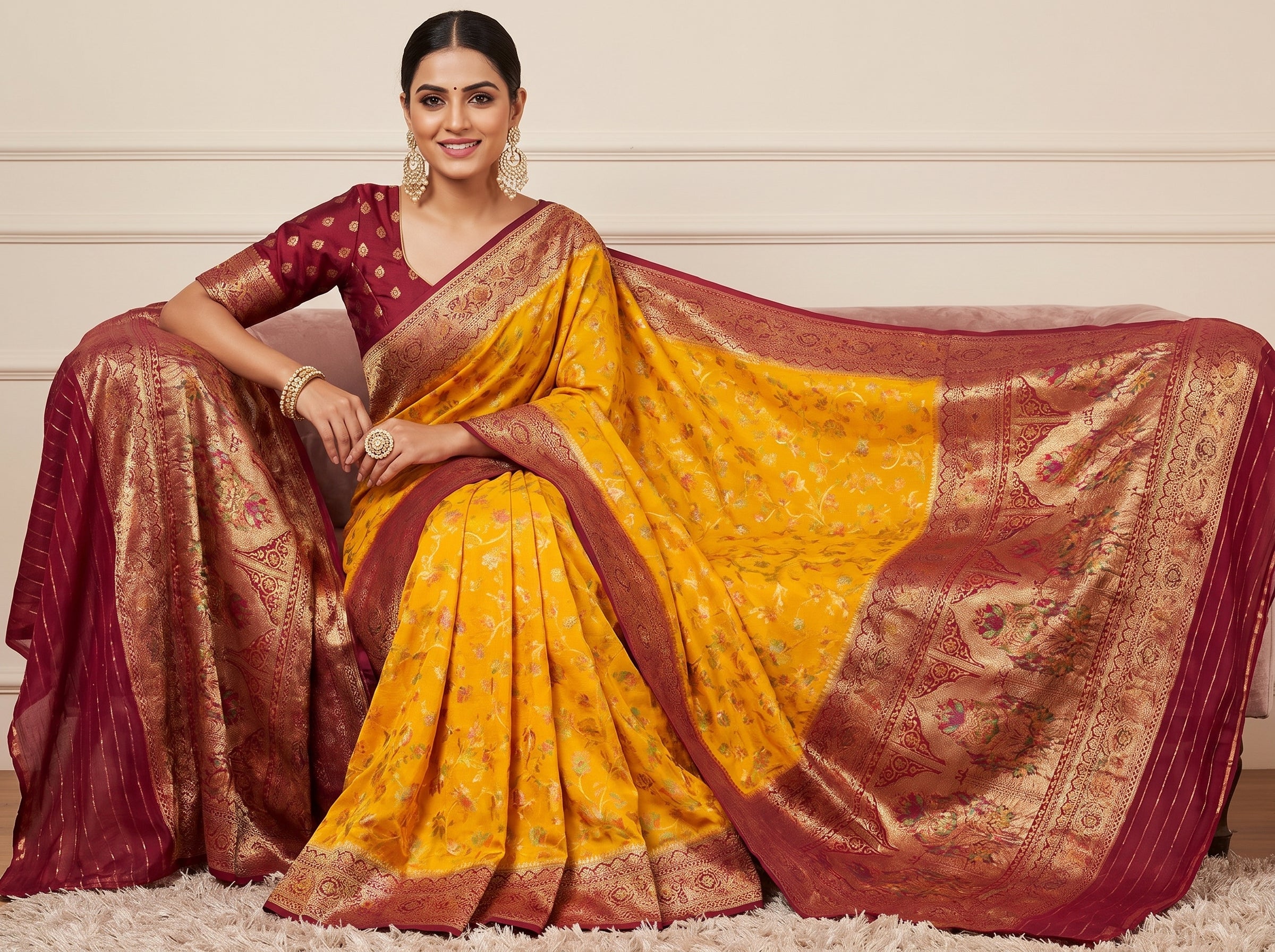 Mustard Yellow Semi Katan Pashmina Banarasi Saree with Contrast Magenta Pink Zari Border